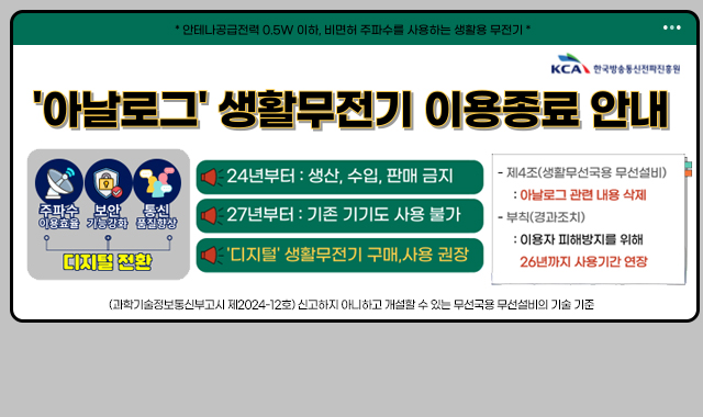 

*안테나공급전력 0.5W 이하, 비면허 주파수를 사용하는 생활용 무전기*
'아날로그' 생활무전기 이용종료 안내
디지털 전환 
-주파스 이용효율 / 보안 기능강화/통신품질향상

24년부터 : 생산,수입,판매 금지
27년부터 : 기존 기기도 사용 불가
디지털 생활무전기 구매,사용 권장
(과학기술정보통신부고시 제2024-12호) : 디지털 전환, 주파수 이용효율 증대, 보안 강화 목적

신고하지 아니하고 개설할 수 있는 무선국용 무선설비의 기술 기준
- 제4조 (생활무선국요 무선설비): 아날로그 관련 내용 삭제
- 부칙 : 이용자 피해방지를 위해 26년까지 사용기간 연장