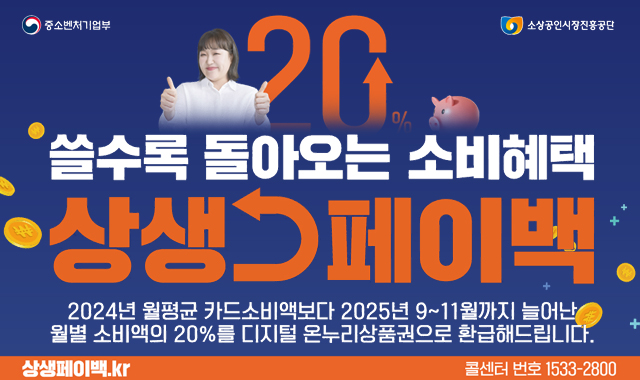 쓸수록 돌아오는 소비혜택
상생 페이백
2024년 월평균 카드소비액보다 2025년 9월~11월까지 늘어난 월별 소비액의 20%를 디지털 온누리상품권으로 환급해드립니다.
